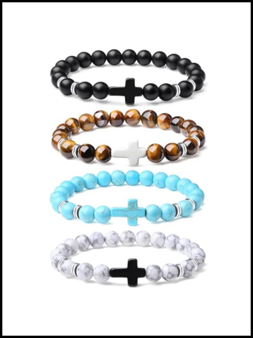 Men's 8mm Tiger Eye Beaded Bracelet Stretch Elastic Natural Stone Cross Bracelet